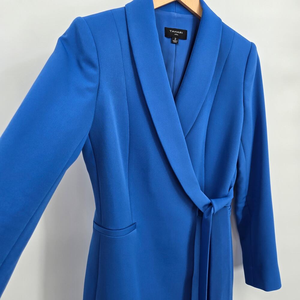 Tahari ASL 2 Side-Tie Blazer Dress Atlantic Blue Wrap Long Sleeve Collared - Picture 8 of 10